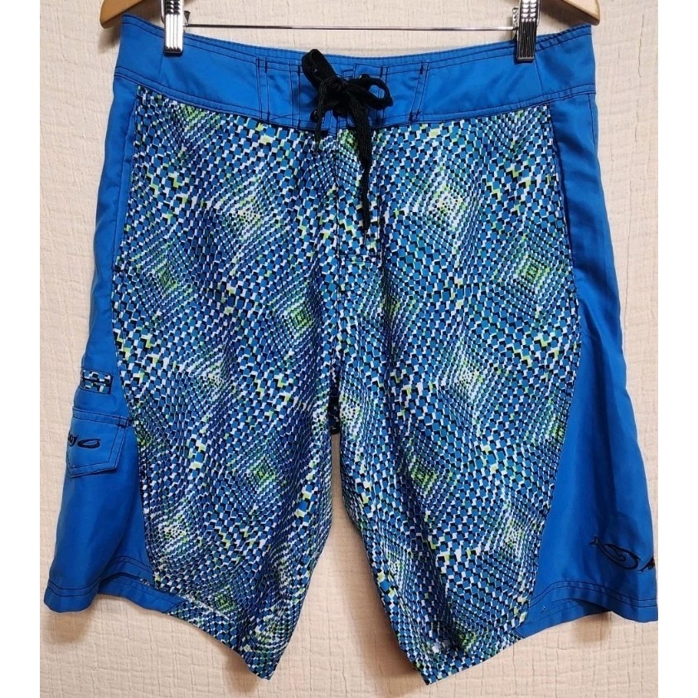 Mojo Sportswear Men's Board Shorts Swim Trunks Green Blue‎ Pockets Sz 34 Y2K